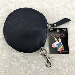 Tyler Rodan Round Navy Blue Faux Leather Zippered Coin Pouch with Unicorn Charm